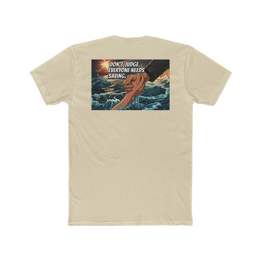 Crew Tee – "Don’t Judge, Everyone Needs Saving" Rescue Hands Graphic
