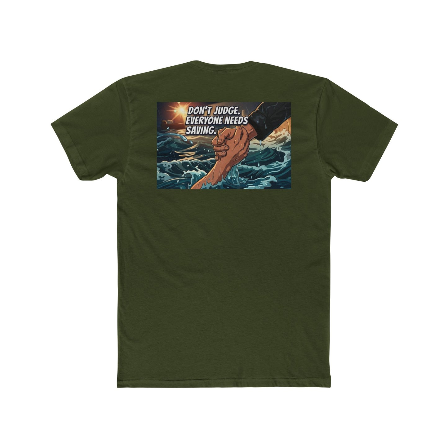Crew Tee – "Don’t Judge, Everyone Needs Saving" Rescue Hands Graphic